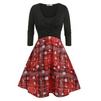 Plus Size 2 In 1 Plaid Sun Moon Print Dress, Black