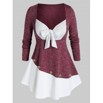 

Plus Size Bowknot 2 in 1 Skirted T Shirt, Deep red
