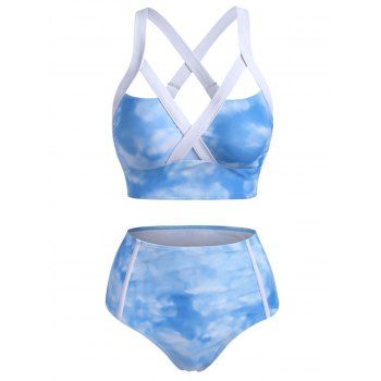 

Sky Tie Dye Cross High Waisted Cutout Tankini Swimwear, Light blue