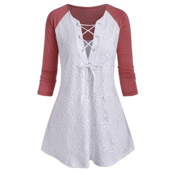 

Plus Size Raglan Sleeve Lace Up T Shirt, White