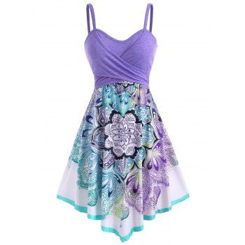 

Summer Bohemian Contrast Flower Crossover Sleeveless Empire Waist Midi Dress, Light purple