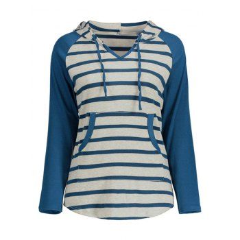 

Striped Jersey Knit Pouch Pocket Raglan Sleeve Hoodie, Blue