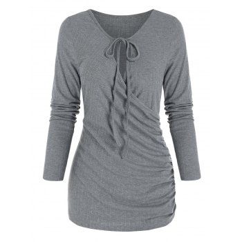 

Round Neck Lace Up Solid Wrap Top, Dark gray