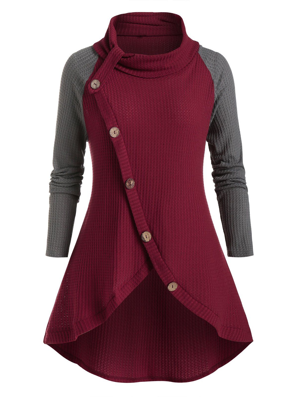 Plus Size Oblique Buttons Two-tone Sweater - multicolor 4X