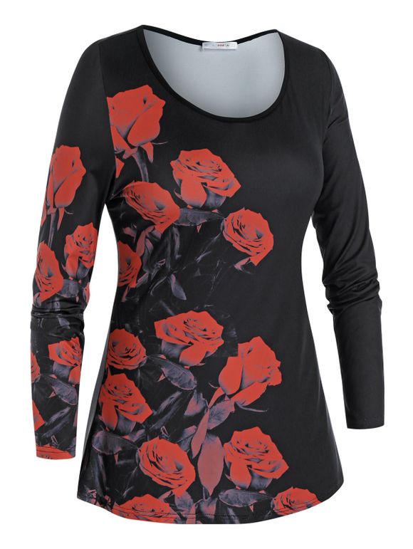 T-Shirt Asymétrique Rose Imprimée Grande-Taille - Noir L