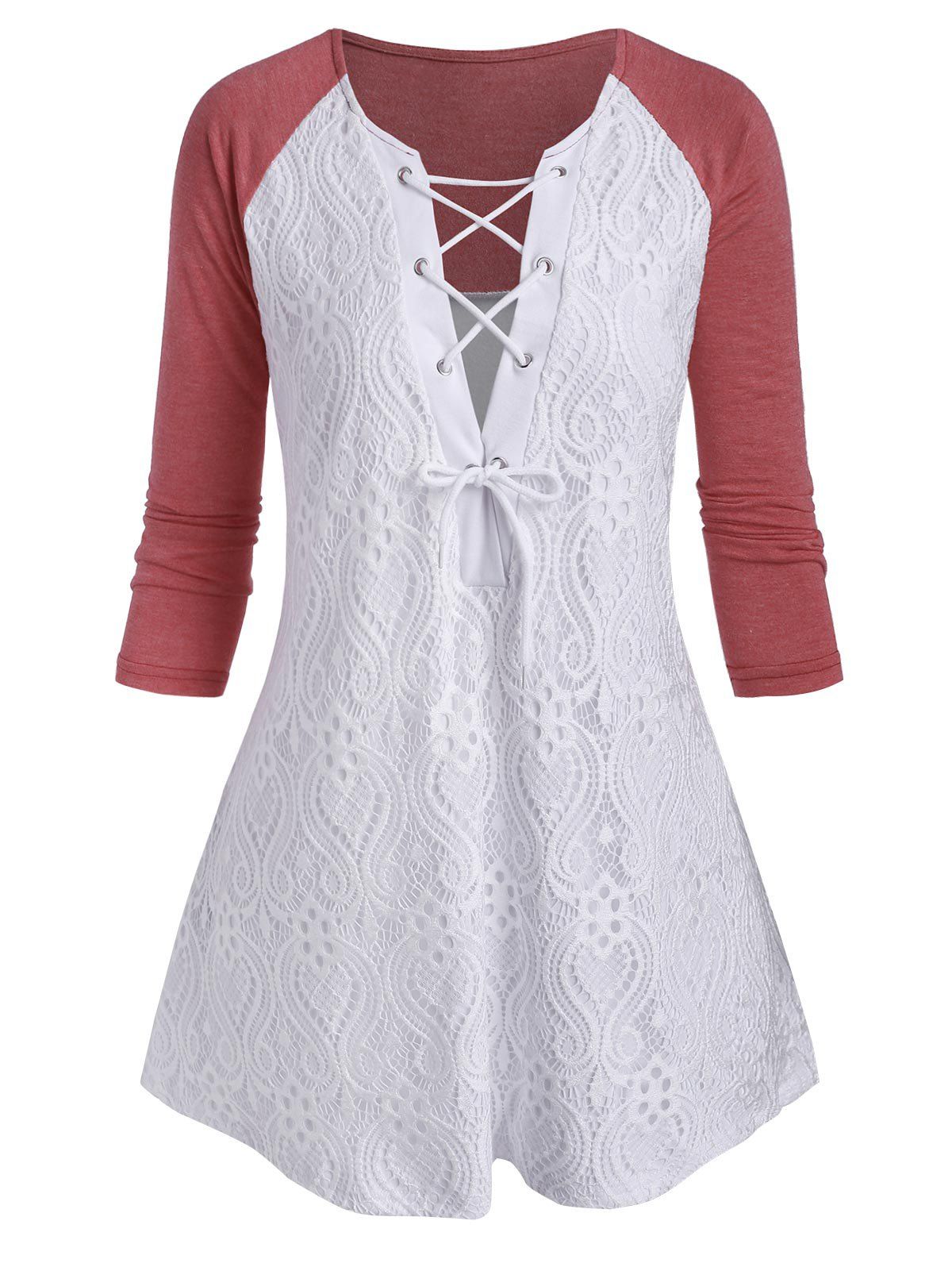 Plus Size Raglan Sleeve Lace Up T Shirt - WHITE 4X