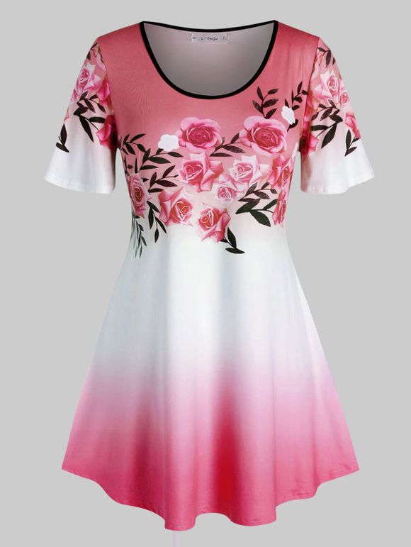 T-shirt en Couleur Ombrée Fleuri Imprimé de Grande Taille - Rose clair 3X