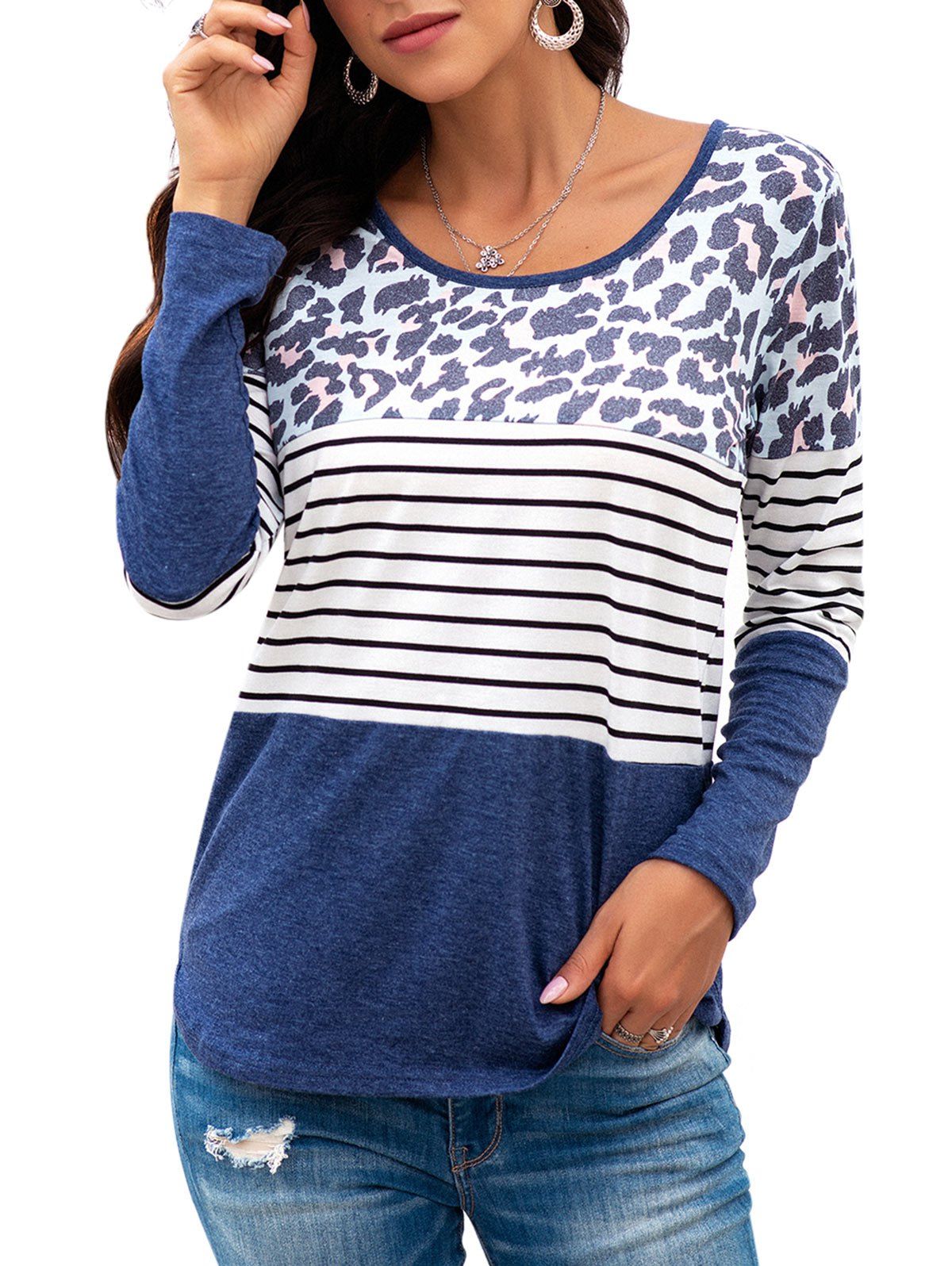 Leopard Striped Long Sleeve T-shirt - DEEP BLUE S