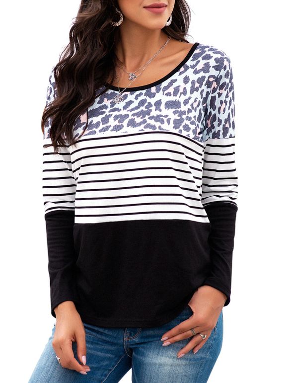 T-shirt Léopard Rayé à Manches Longues - Noir 2XL