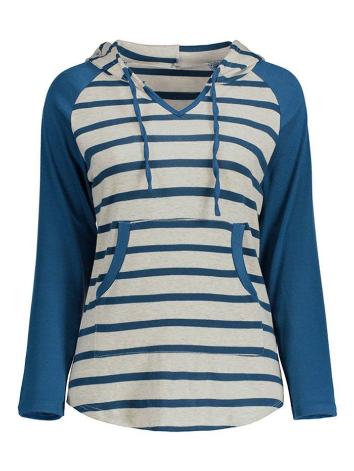 Striped Jersey Knit Pouch Pocket Raglan Sleeve Hoodie - BLUE L