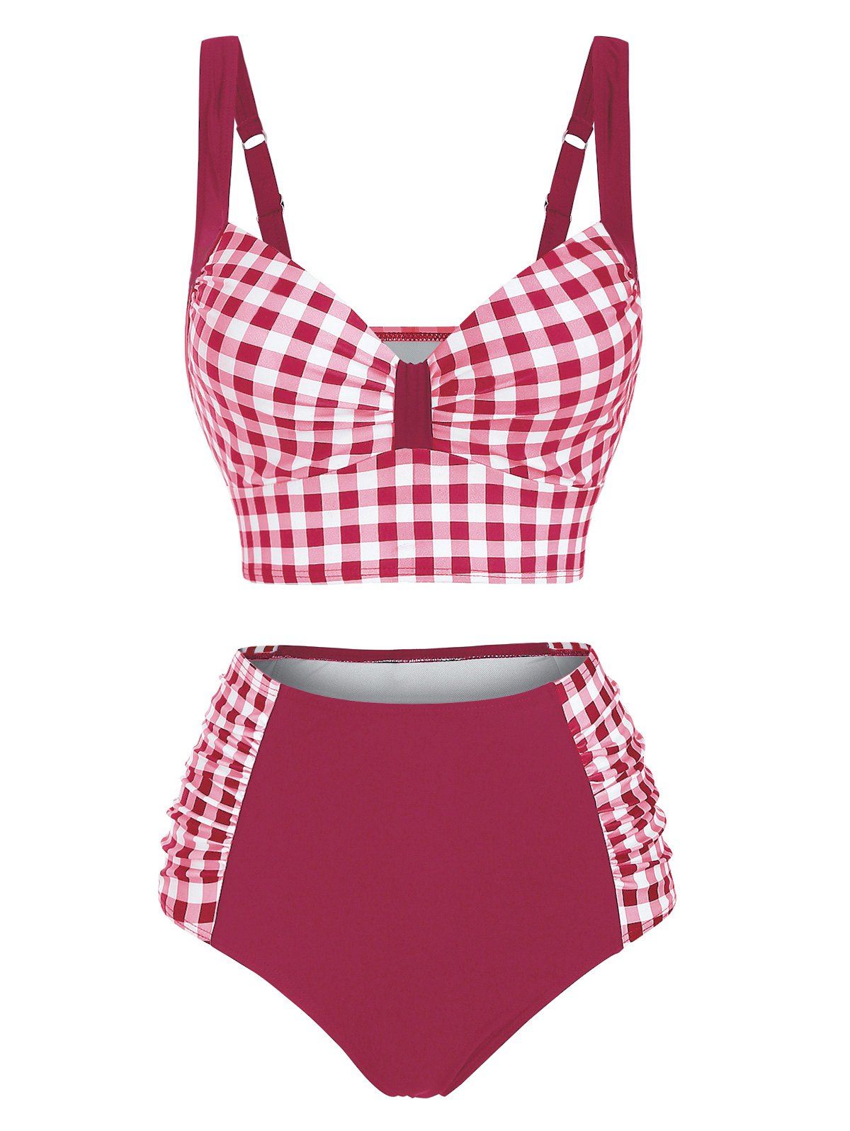 Summer Beach Tankini Swimwear Gingham Plaid Print Push Up Swimsuit Ruched High Rise Tummy Control Bathing Suit - RED L