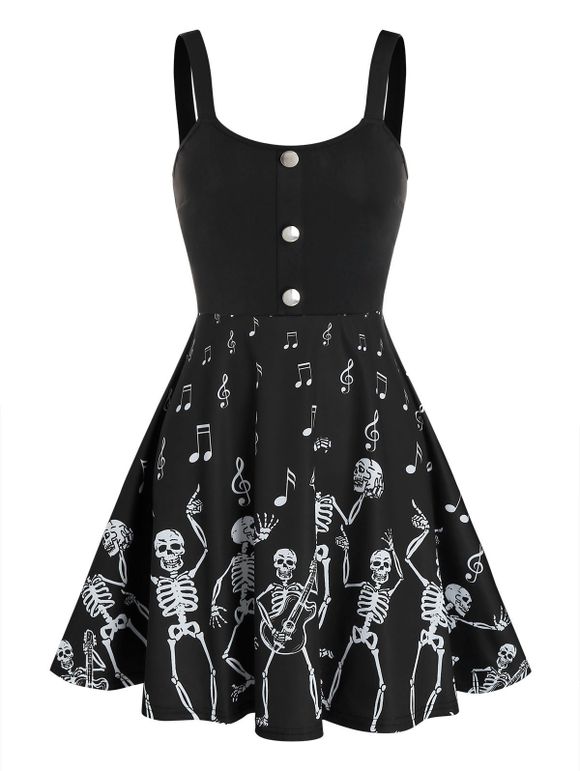 Robe Patineuse d'Halloween Note de Musique et Squelette Imprimées - Noir XL