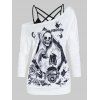 T-shirt à Imprimé Fleuri Crâne Croisé au Dos à Epaule Dénudée Fausse Deux Pièces - Blanc L