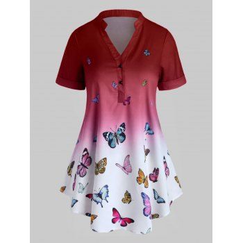 

Plus Size Butterfly Print Ombre Rolled Cuff Henley Blouse, Red