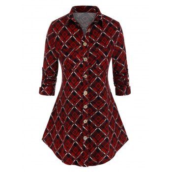 

Plus Size Plaid Crocket Skull Roll Up Sleeve Shirt, Deep red