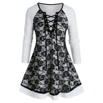 

Plus Size Lace-up Flower Lace Insert Long Sleeve Tee, Black
