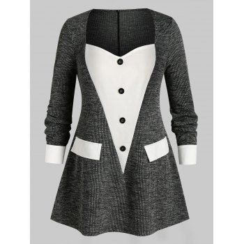 

Plus Size Marled Knit Mock Button Long Sleeve Top, Graphite black