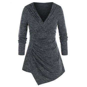 

Plus Size Shawl Collar Uneven Hem Ruched Sweater, Black
