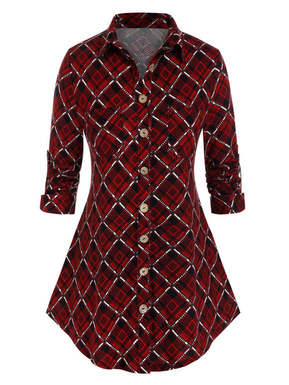 Chemise Chinée Crâne Motif à Carreaux avec Manches Roulées Grande Taille - Rouge foncé L