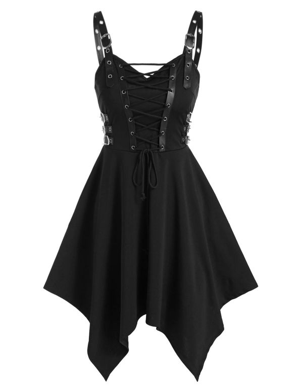 Robe Gothique Mouchoir à Bretelle Bouclée à Lacets - Noir 3XL