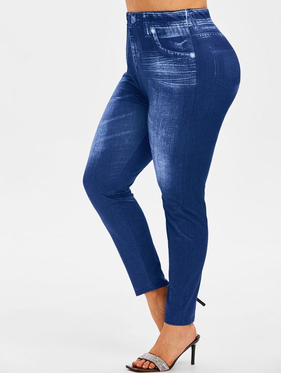 Legging Délavé 3D Jean Imprimé à Taille Haute de Grande Taille - Bleu profond 1X