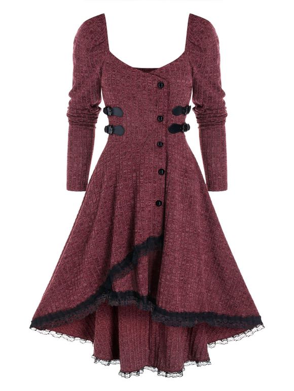 Robe Côtelée Haute Basse à Ourlet en Dentelle avec Bouton - Rouge Vineux XL
