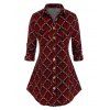 Chemise Chinée Crâne Motif à Carreaux avec Manches Roulées Grande Taille - Rouge foncé L