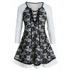 T-shirt Fleur en Dentelle Insérée à Manches Longues Grande Taille à Lacets - Noir 5X
