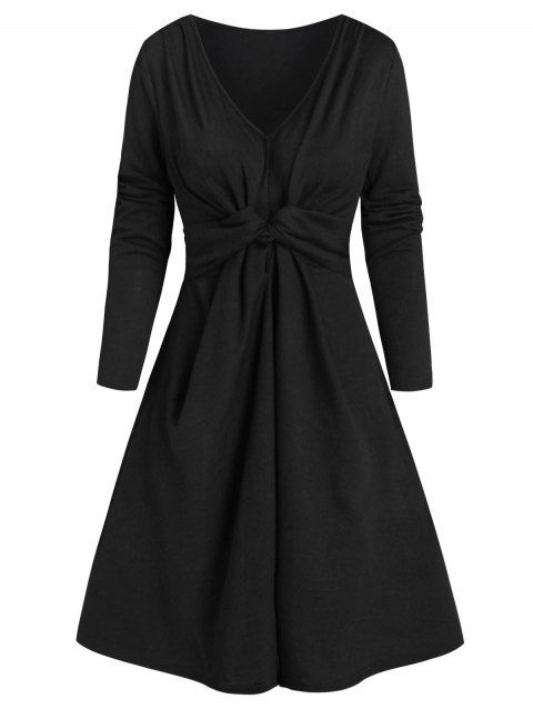 Twisted Front Long Sleeve Ribbed Dress