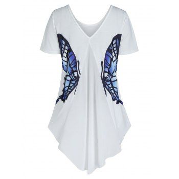 

Back V Neck Butterfly Graphic High Low T Shirt, White
