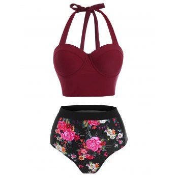 

Flower Print Lace Up Moulded Halter Tankini Swimwear, Red