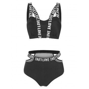 

Letter Print Cut Out Padded Bikini Set, Black