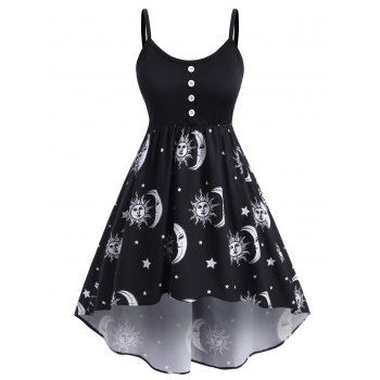 

Plus Size Sun Moon Print High Low Dress, Black