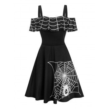 

Halloween Spider Web Print Cold Shoulder Skater Dress, Black