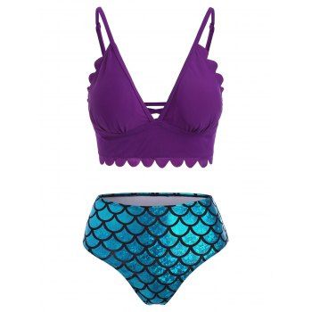 

Scalloped Lattice Metallic Mermaid Pattern Tankini Swimwear, Purple