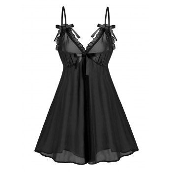 

Plus Size Sheer Mesh Babydoll Set, Black