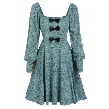 

Square Collar Bow Puff Sleeve A Line Knitted Dress, Peacock blue