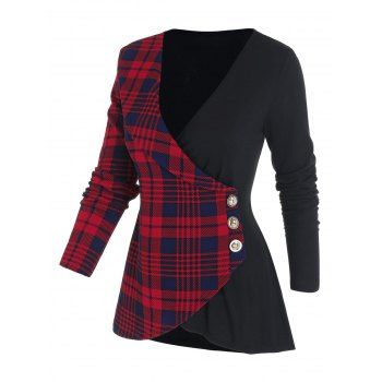 

Deep V Neck Plaid Insert Tulip Hem Surplice T Shirt, Black