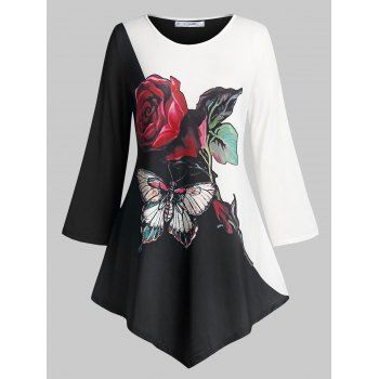 

Plus Size Two Tone Floral Butterfly Print T Shirt, Black