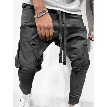 

Ribbon Pockets Long Drawstring Sport Cargo Pants, Dark gray