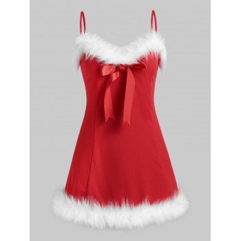 

Plus Size Bowknot Faux Fur Insert Cami Babydoll Set, Red