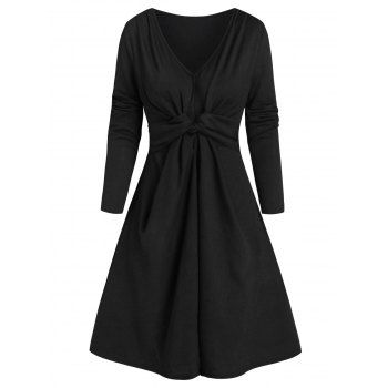 

Twisted Front Long Sleeve Ribbed Dress, Black