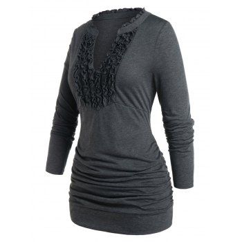 

Plus Size Frilled V Cut Ruched Long Sleeve Tee, Ash gray