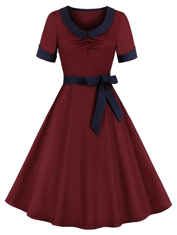 Robe Ceinturée avec Revers Années 1950 - Rouge foncé XL