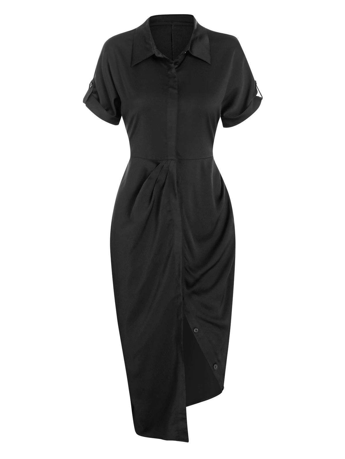 Ruched Asymmetrical Shirt Dress - BLACK M