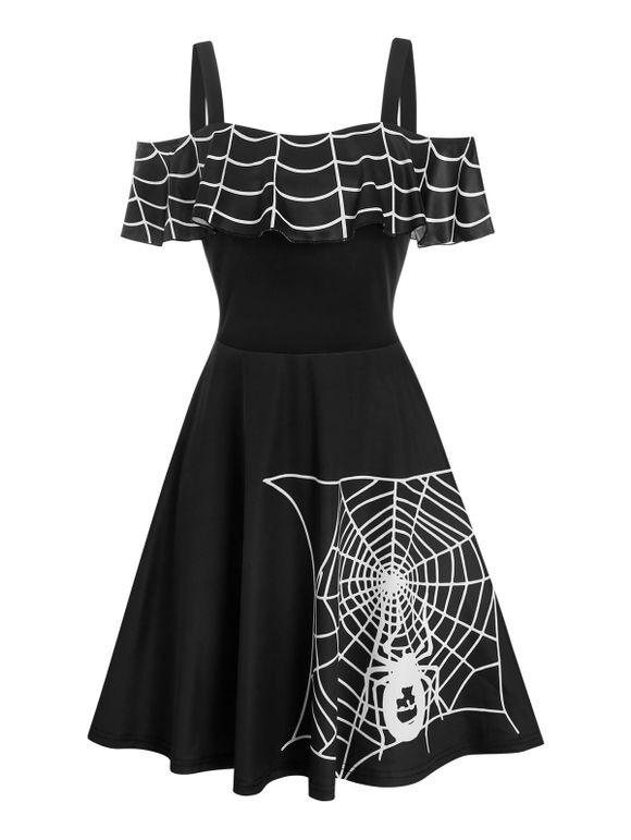 Robe Patineuse d'Halloween Toile Imprimée Araignée à Epaule Dénudée - Noir M