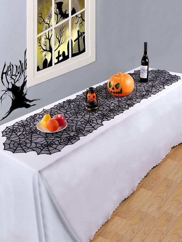 Halloween Spider Web Multi-purpose Lace Table Runner - BLACK 203X51CM