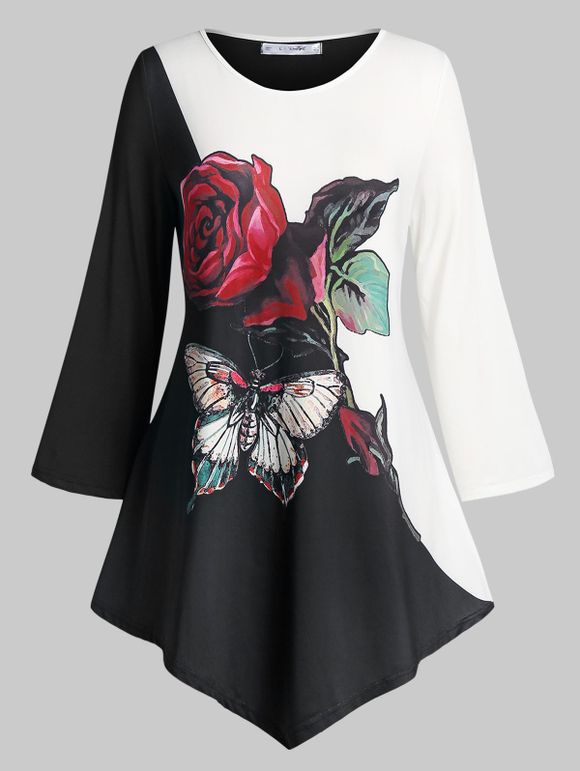 T-shirt Bicolore Papillon Fleuri Imprimé de Grande Taille - Noir 5X