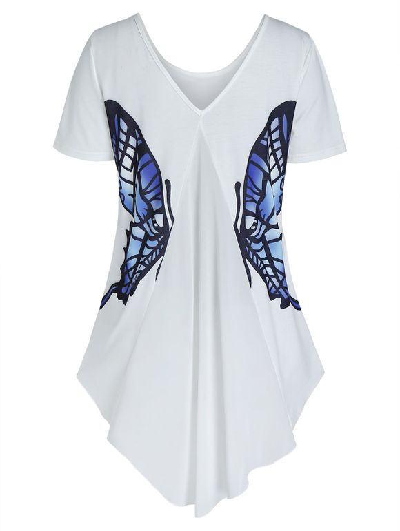 T-shirt Graphique Papillon au Dos Haut Bas à Col V - Blanc 3XL