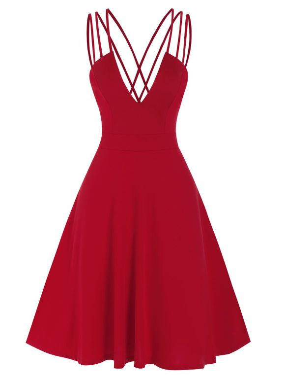 Robe Coupe Basse sans Dos Taille Haute à Col V - Rouge Rubis XL